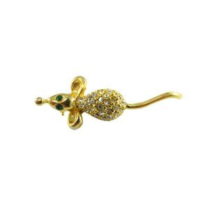 Running Mouse Lapel Brooch Pin Green Eyes Paved Rhinestone Body c1970's